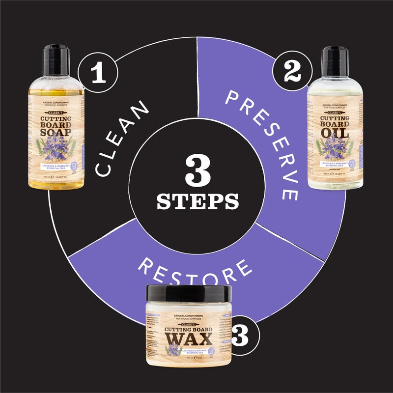Clark's CLARKâ€™S Cutting Board Oil and Wax Kit - Set includes Food Grade Mineral Oil (12oz), Finishing Wood Wax (6oz), Applicator Sponge & Buffing Pad, Enriched with Food Safe Lavender and Rosemary Extract - Image 3